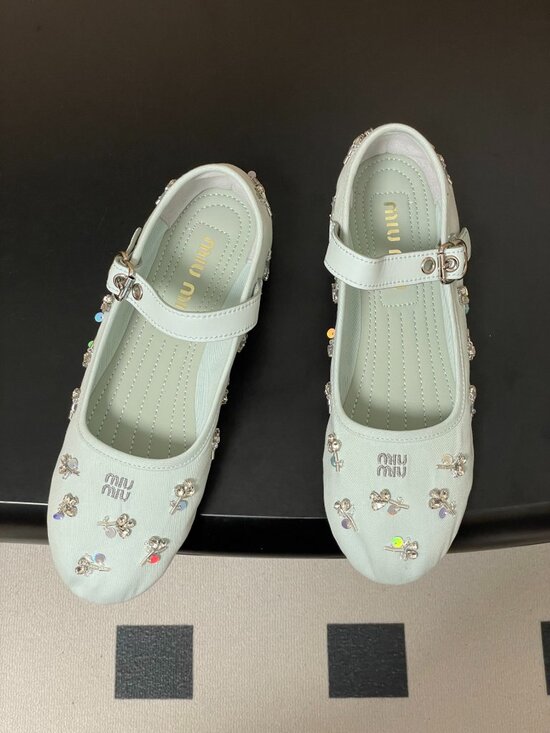 Miu Miu Shoes - Miu Miu Light Blue Rhinestone-Embellished Mary Jane Ballet Flats